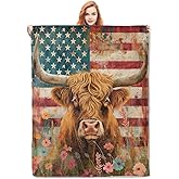 VANZEV American Highland Cow Blanket,Anime Farmhouse Floral Flannel Throw Blankets,Soft Warm Lightweight Cozy Plush Flag Cow Throws for Bedroom Sofa Home Decor Gifts for Women Girls 50"x60"