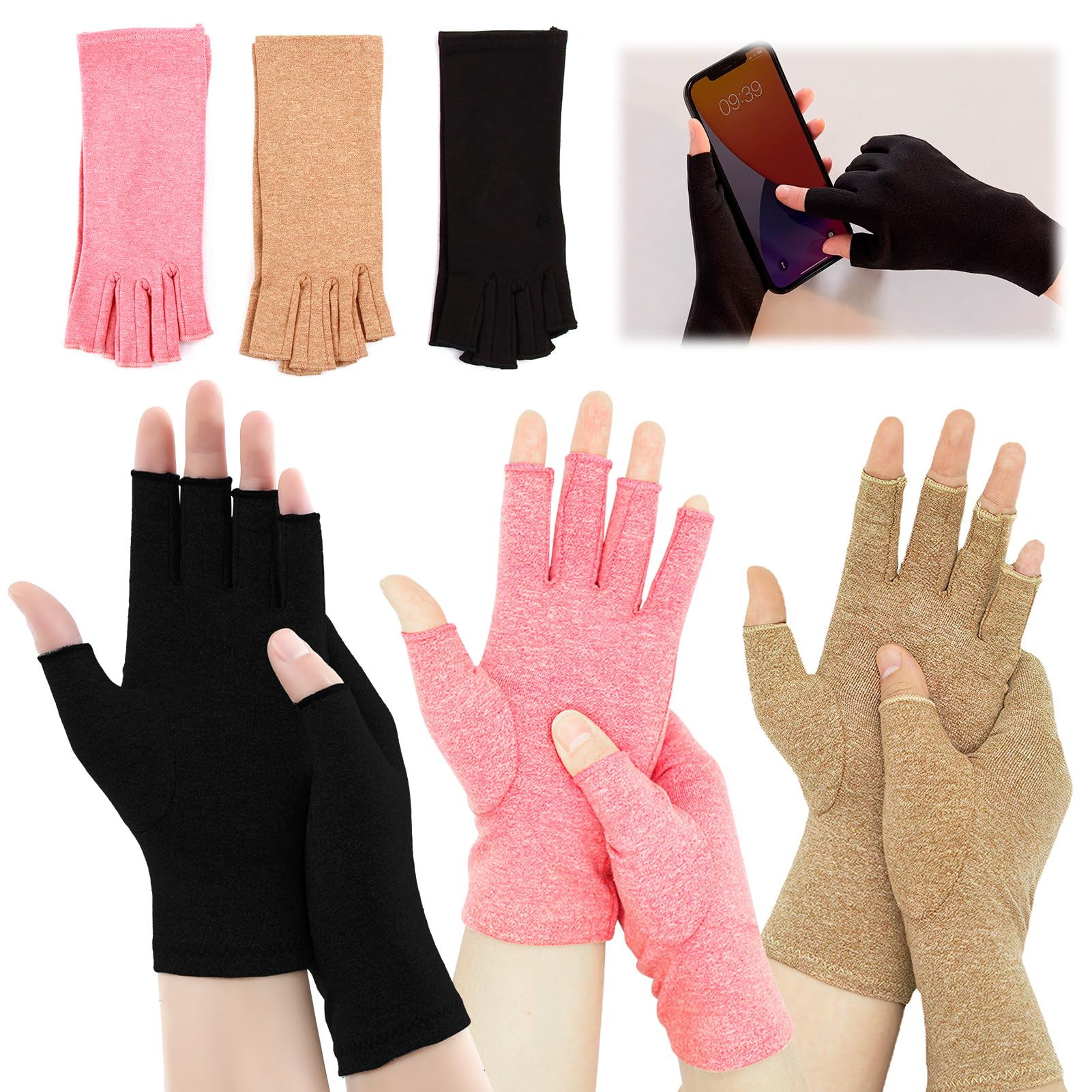 3 Pairs Comfortable Compression Gloves, Arthritis Relief for Women - Tendonitis, Carpal Tunnel, Raynaud's, Dupuytren's