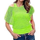WILDPARTY Women Casual Sexy 80s Costumes Fishnet Neon Off Shoulder T-Shirt Two Pieces