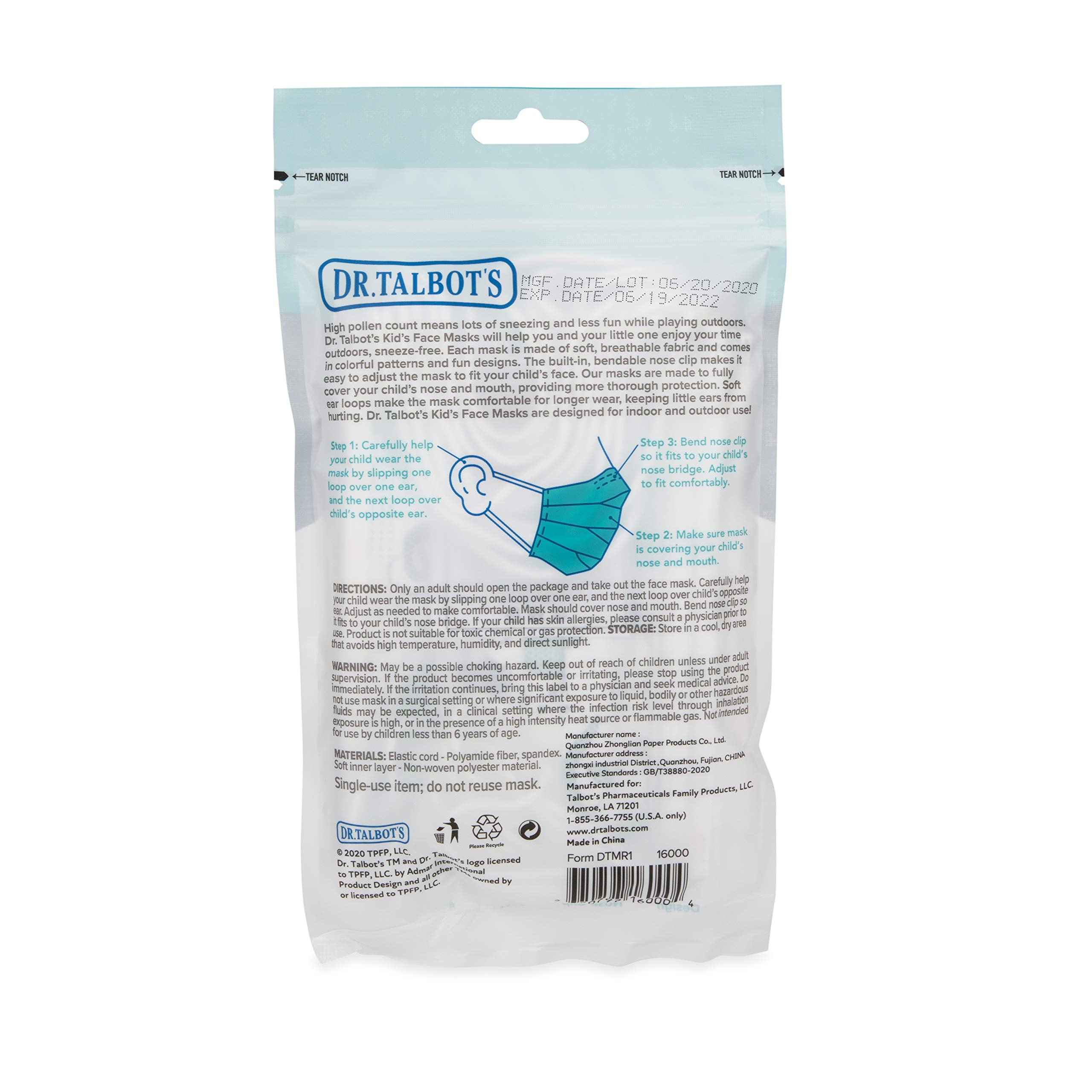 Dr. Talbot's Disposable Protective Face Masks for Boys 2-5 Years - 10-Count - Disposable 3-Layer Single Use Face Masks with Easy-Bend Nose Clip and Soft Ear Loops