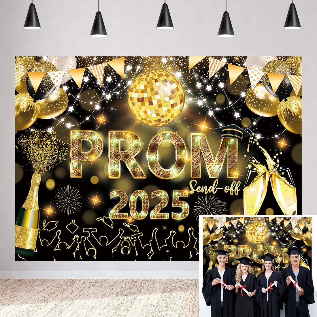 Photo 1 of 2025 Graduation Prom Backdrop Celebration Graduation Black Gold Glitter Disco Ball Prom Send Off Photography Background School Class of 2025 Night Party Decorations Banner (Black Gold, 8x6FT)