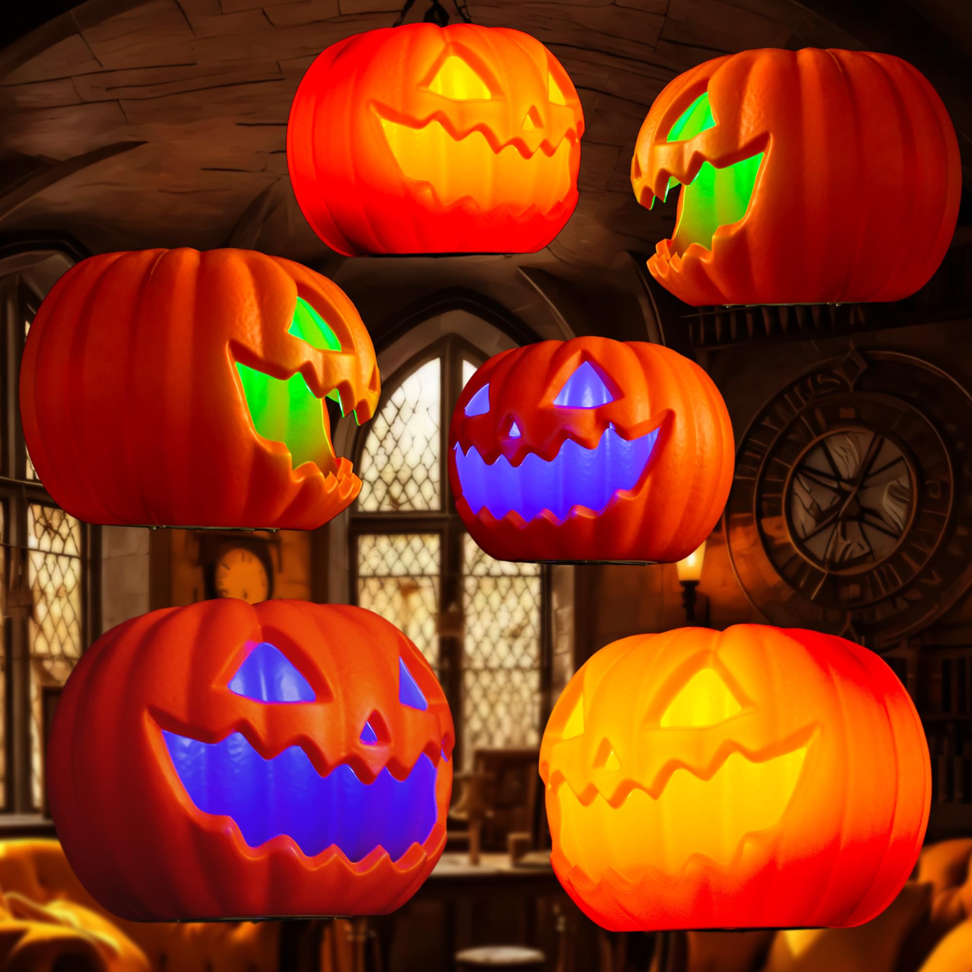 Photo 1 of Halloween Decorations Floating Pumpkin Lights, Led Flameless Hanging Pumpkin Head Lantern with Timer, 3 Color Light, 2 Lighting Modes, Remote, Lamp Decor for Home, Indoor, Outdoor, Yard (6 Pack)