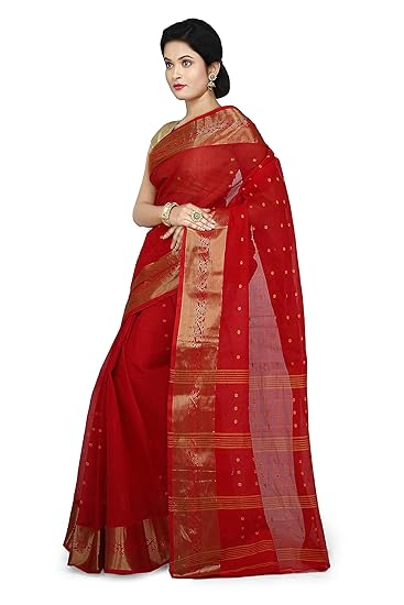 Women's Pure Cotton Tant Saree In Red_Free Size