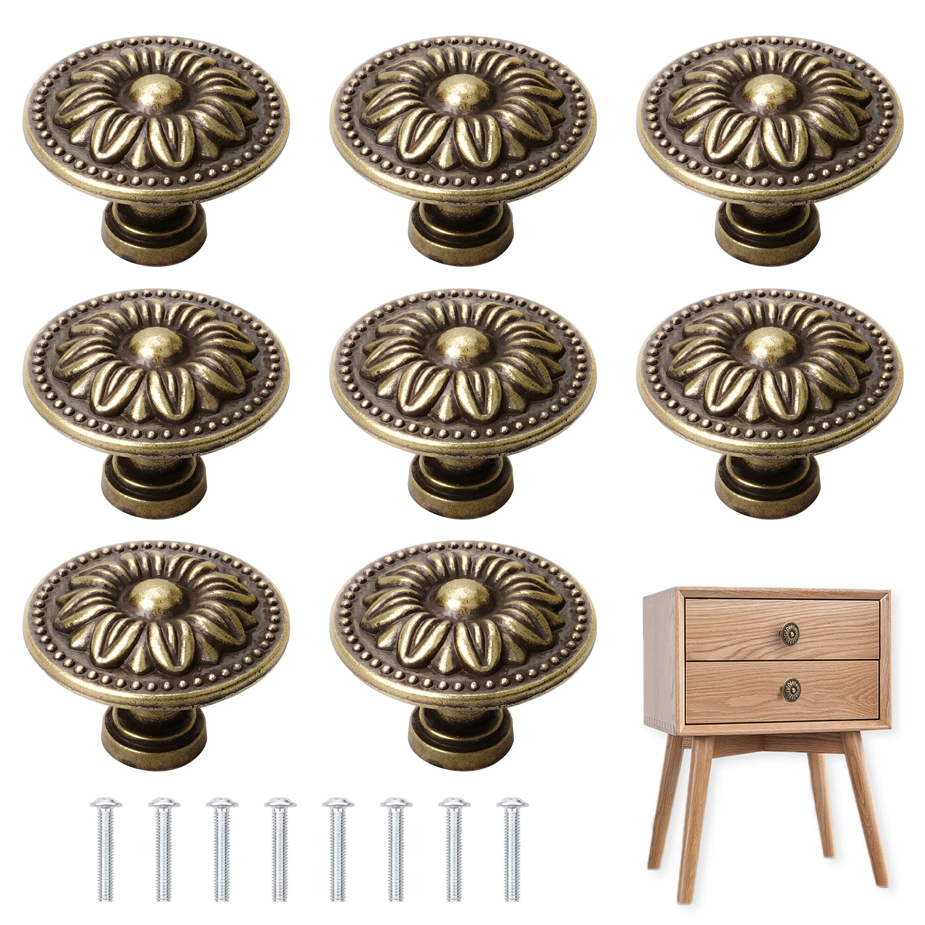 YSDMY 8 Pcs Antique Bronzy Cabinet Knobs,Vintage Cabinet Handles Cupboard Handles Retro Bronze Drawer Pull Knobs, Pull Handle for Cupboard Wardrobe Furniture Hardware, 30mm Diameter
