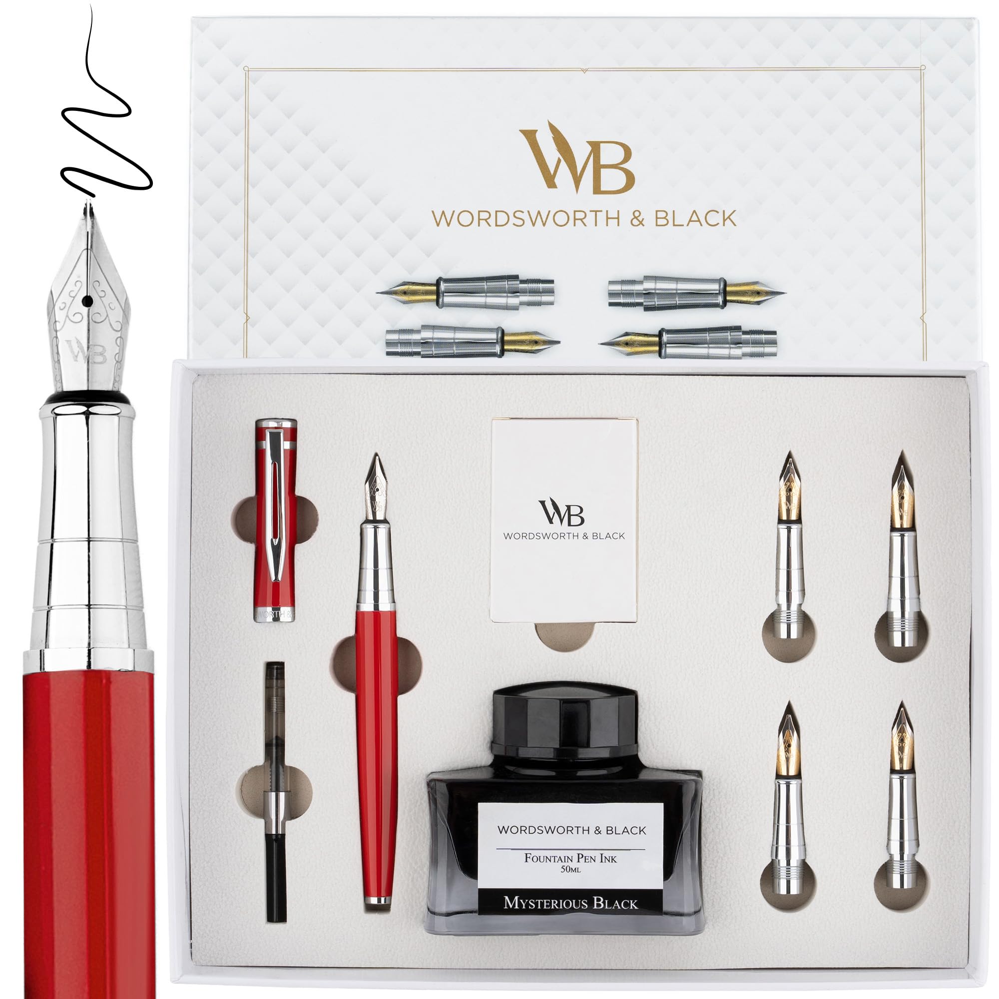 Wordsworth & Black Fountain Pen Gift Set, Includes Ink Bottle, 6 Ink Cartridges, A Refill Converter, 4 Replacement Nibs, Premium Package, Journaling, Calligraphy, Smooth Writing Pens [Red Chrome]