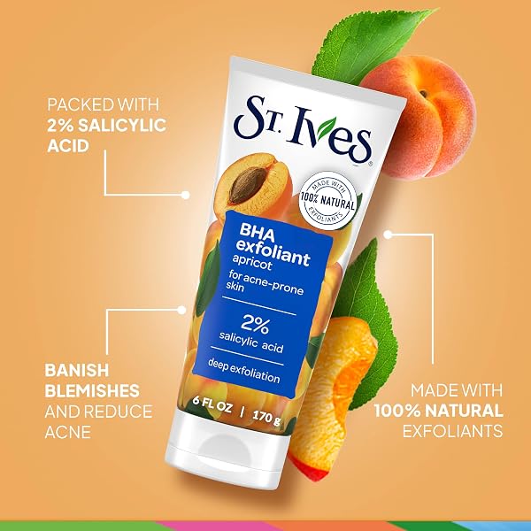 ST. IVES ACNE CONTROL FACE SCRUB DEEPLY EXFOLIATES AND PREVENTS ACNE FOR SMOOTH, GLOWING SKIN APRICOT MADE WITH OIL-FREE SALICYLIC ACID ACNE MEDICATION, MADE WITH 100% NATURAL EXFOLIANTS 6 OZ