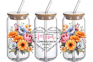 DTHOME3 UV DTF Glass Cup Wrap Transfer, Gift for Mommy, Mom Loving Beloved Caring Wise Sweet Giving Floral UVDTF Waterproof for 16oz Glass Cups, Gifts for Mother Day- 3PCS