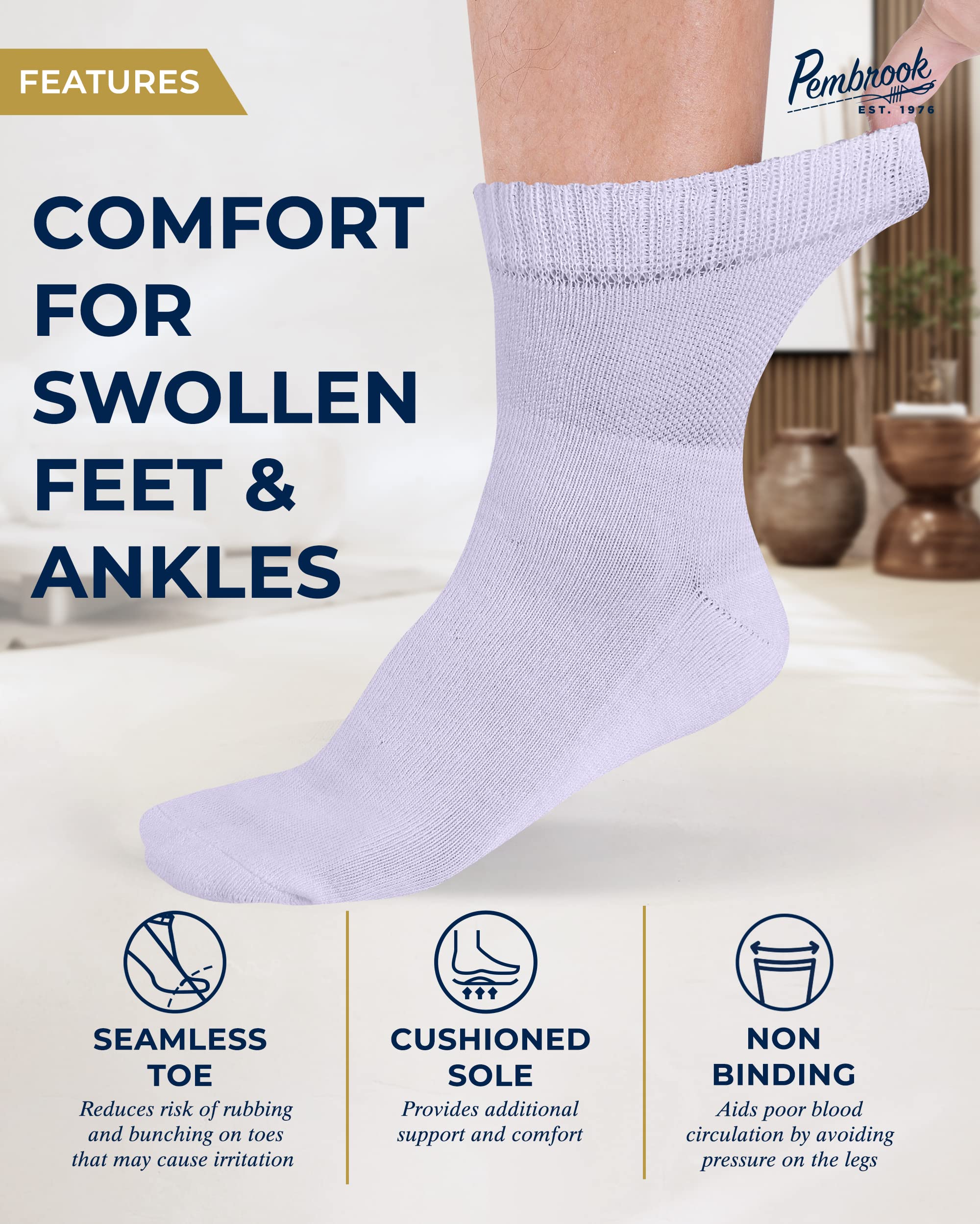 Pembrook Bamboo Viscose Diabetic Socks for Women & Men - 6 Pairs Ankle Socks for Swollen Feet | Neuropathy | Wide Calf | Edema