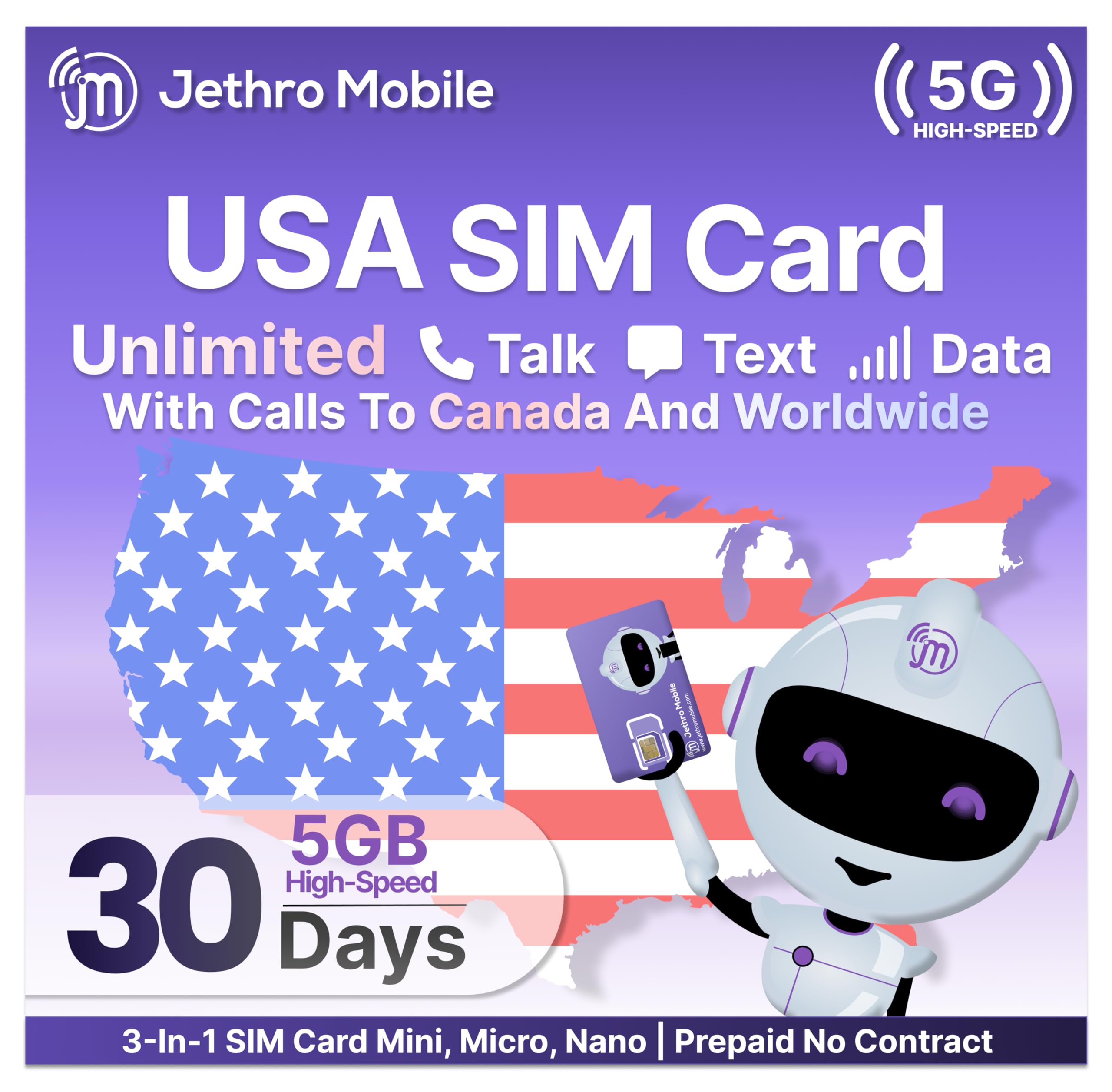 Prepaid SIM Card USA, High Speed Talk & Text, 5GB Data, Cellphones & Smartphone SIM Card Kit, 3-in-1 Standard, Micro, Nano Size, Bring Your Own Phone, No Contract, Easy to Set Up
