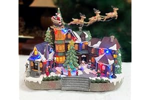 MOMENTS IN TIME Christmas Village Centerpiece Decor Santa Riding Sleigh Flying Over The Town Center Featuring LED Lights and Animation Power Adapter (Included)