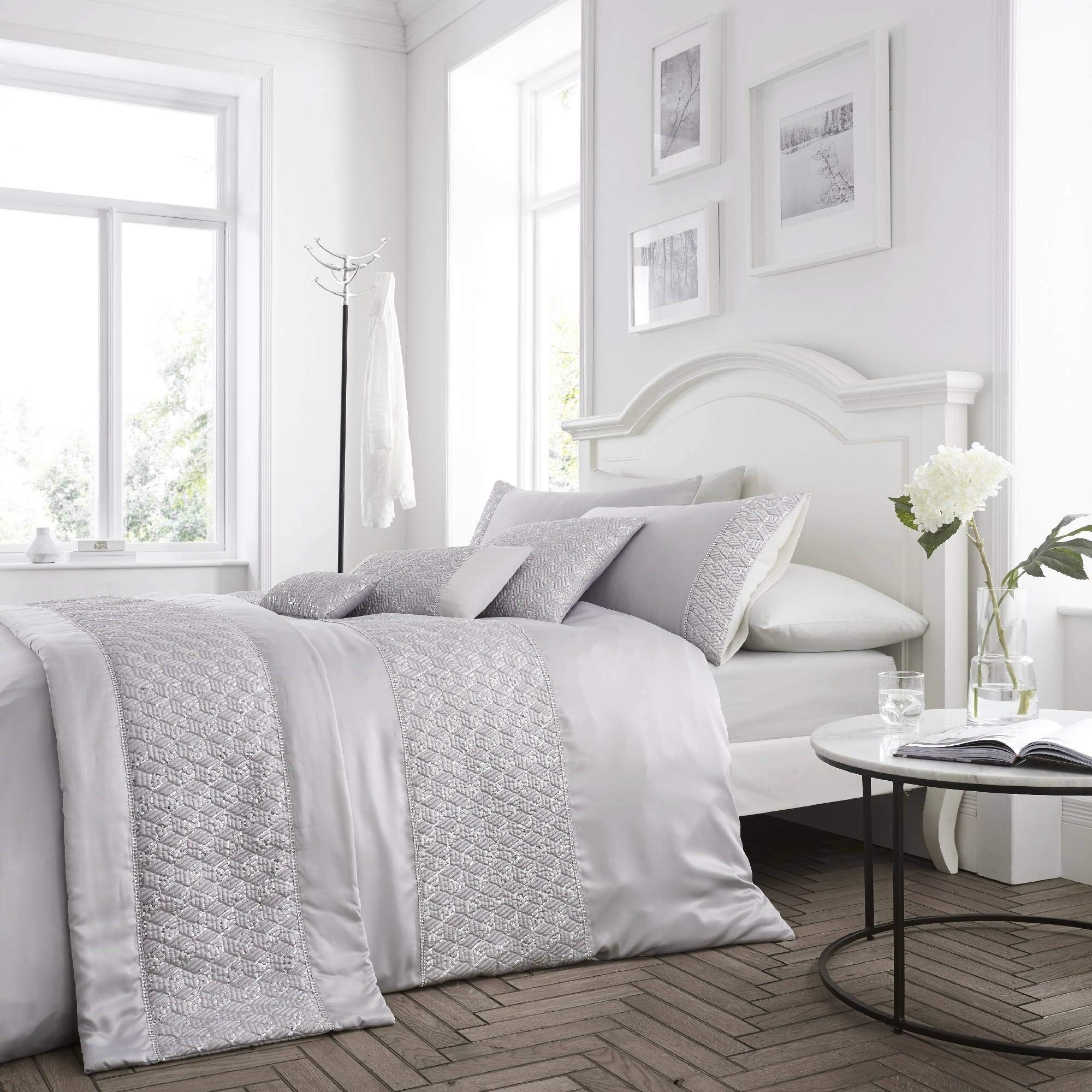 Happy Linen Company Sequin Diamante Trim Luxury Silver Double Duvet Cover Bedding Set
