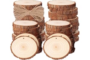 50 Pcs Natural Wood Slices, BetterJonny 4-5cm Unfinished Predrilled Round Wooden Circles with Hole Wood Discs for Christmas O