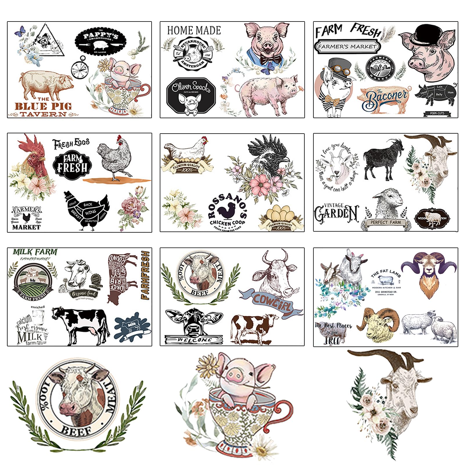 NICENEEDED 9 Sheets Furniture Rub on Transfer Stickers, Animals Rub on Transfers Decals, DIY Crafts Decoration Sticker for Scrapbooking Journal Album Card Decor