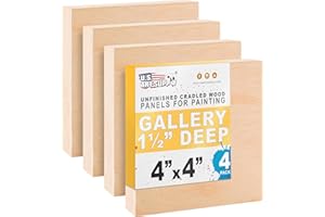 U.S. Art Supply 4" x 4" Unfinished Cradled Wood Panels for Painting, Gallery 1-1/2" Deep (4 Pack) - Artist Depth Birch Wooden Wall Canvases - Mixed-Media Craft, Acrylic, Oil, Encaustic, Paint Pouring