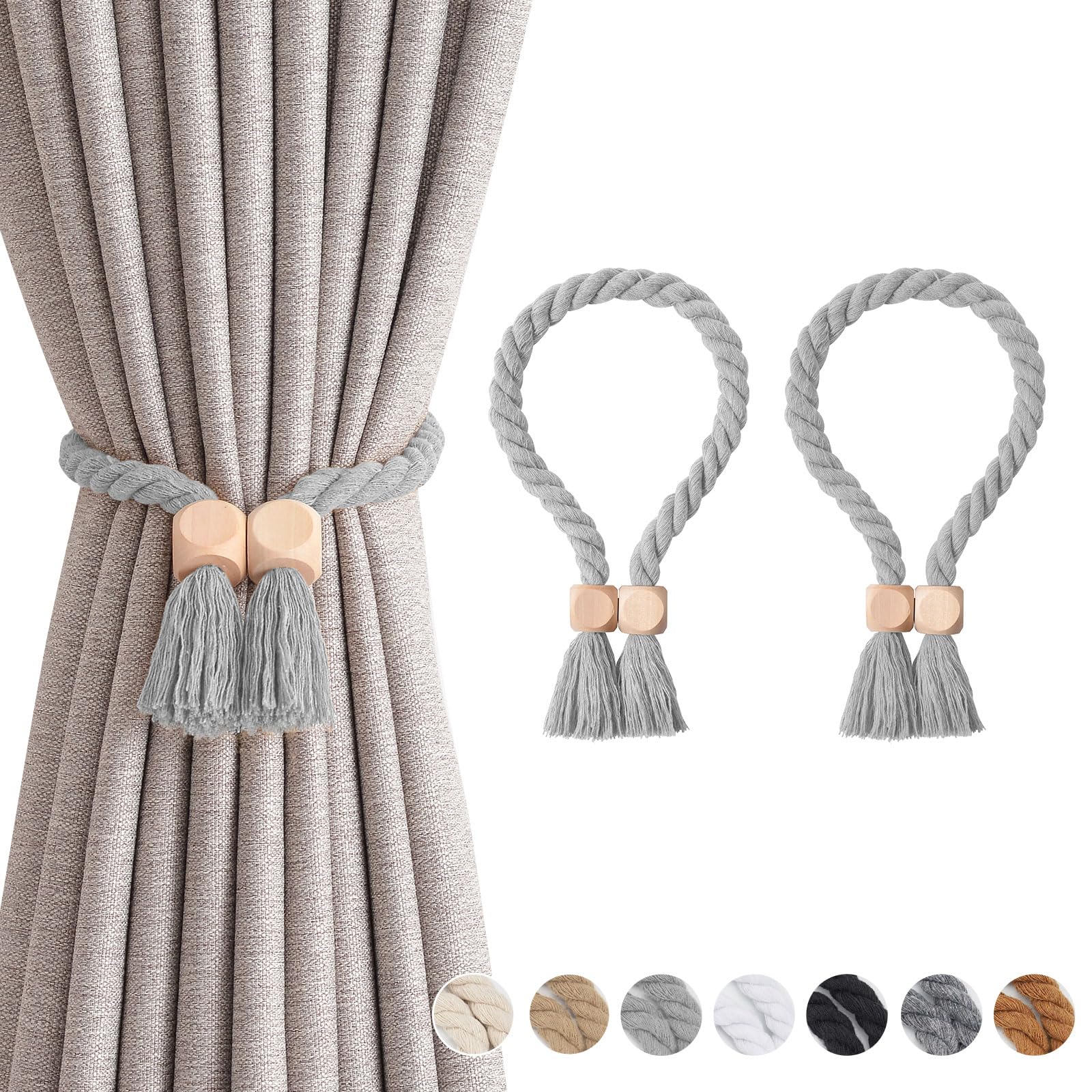 Pretty Jolly 2 Pack Wooden Cube Magnetic Curtain Tiebacks Boho Home Decor Drape Tie Backs Natural Cotton Hand Woven Rope Curtain Holdbacks for Thin & Thick Home & Office Window Draperies (Light Grey)