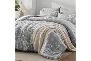 Newspin Queen Comforter Set Grey - 7 Pieces Floral Bed in a Bag Queen, Reversible Lightweight Bed Set for All Season, Bedding Comforter Set with Flowers Printed Comforter, Sheets, Pillowcases & Shams