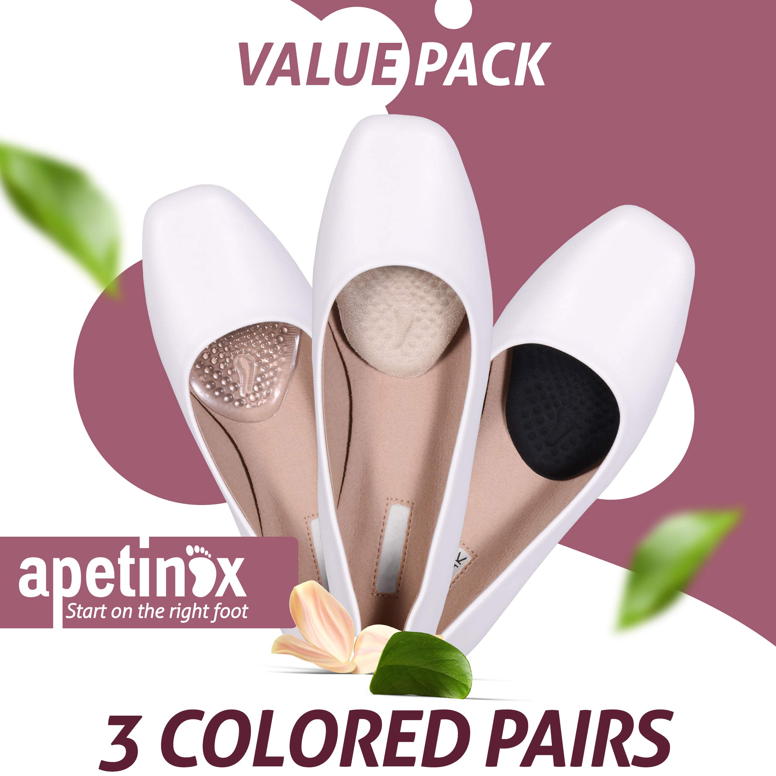 Metatarsal Pads for Women 3 Pairs, High Heel Cushion Inserts, Ball of Foot Cushions for Metatarsalgia, Mortons Neuroma, Feet Pain Relief, Forefoot Cushioning Shoe Support, Comfort Insoles by Apetinox
