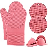 COOK WITH COLOR Silicone Oven Mitts- Heat Resistant Gloves with Soft Quilted Lining Oven Mitt Pot Holders for Cooking and BBQ, Pink, Mitt Set