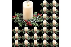 Lyrow 24 Pcs Christmas Candle Rings Wreaths Mini Artificial Garland for Kitchen Cabinet Red Berries Pine Snowy Xmas Holder for Pillars Rustic Centerpiece Table Chandelier Decor(Classic)