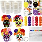 Cinrobiye 12 Set Day of the Dead Table Centerpieces, Dia de Los Muertos Sugar Skull Decorating Kit with Flower Pots and Marigolds for Ofrenda Altar, Halloween Party Cemetery Decor