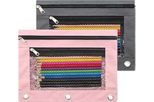 Cinvo Pencil Pouch 3 Ring Binder Pouch Zippered Pencil Case Canvas Pencil Bag with 2 Compartments (Set of 2, Pink and Grey)