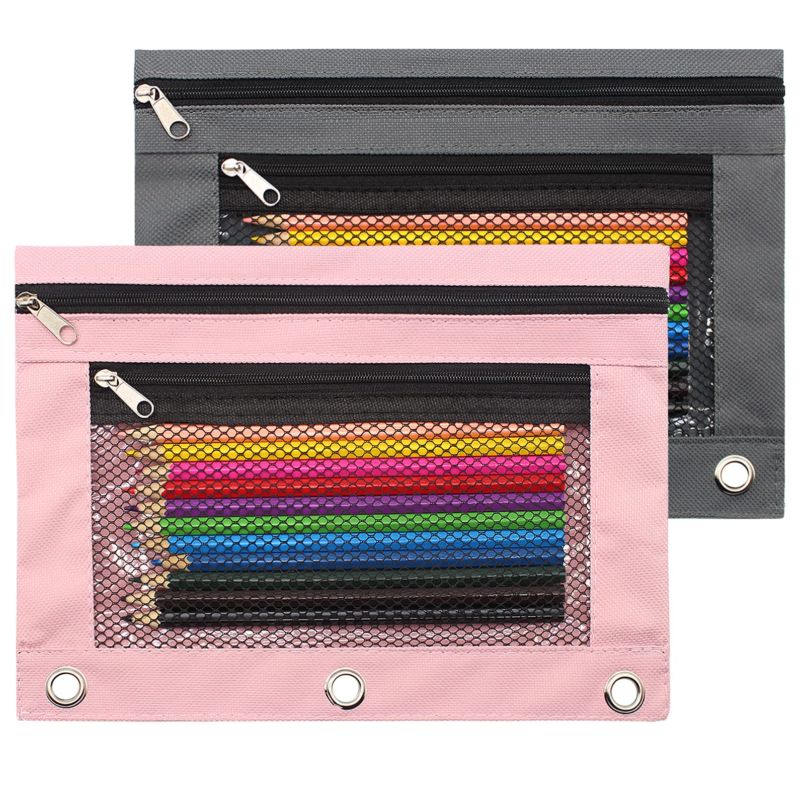 Cinvo Pencil Pouch 3 Ring Binder Pouch Zippered Pencil Case Canvas Pencil Bag with 2 Compartments (Set of 2, Pink and Grey)