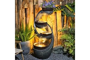 Tankana Tiered Water Fountain Outdoor Garden - Waterfall Freestanding Cascade Fountain Bowl Artistry Modern Style with LED Lights and LED Strip for Patio Yard Pool Home Decor,44 inchs Tall
