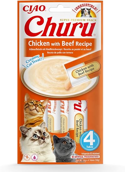 INABA Ciao Churu Sticks Cat Treat Chicken & Beef 4 x 14g Soft Purée Topper