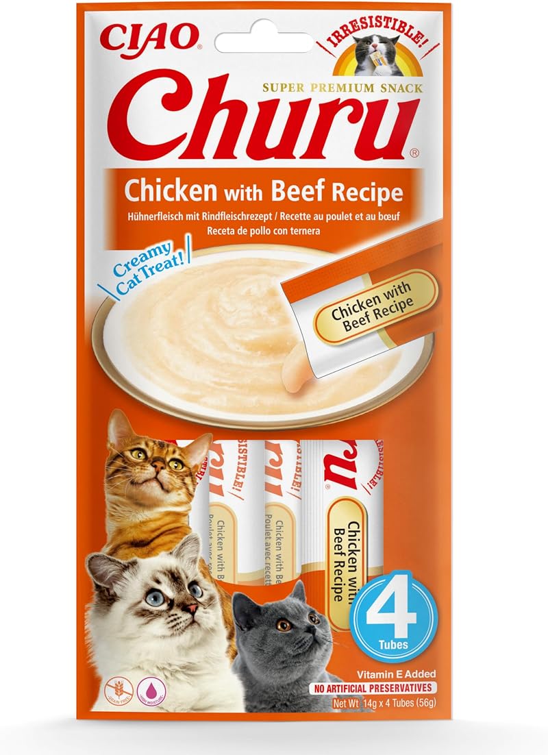 INABA Ciao Churu Sticks Cat Treat Chicken & Beef 4 x 14g Soft Purée Topper