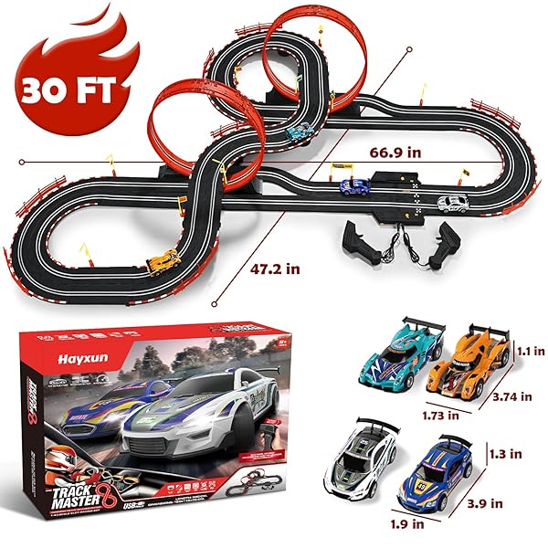 30 FT SLOT CAR RACE TRACKS SETS TOYS FOR AGES 8-10 -1:43 DUAL RACE CAR TRACK WITH 4 SLOT CARS, 2 HAND CONTROLLERS, CHRISTMAS, BIRTHDAY GIFT TOYS FOR AGES 8-13