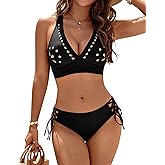 Blooming Jelly Women's Bikini Set Two Piece Swimsuit Modest Bathing Suit Petal Hollow V Neck Top String Mid Rise Bottom