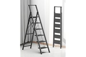 COROCO 6 Step Ladder for 12 Feet High Ceiling, Folding Step Stool with Handgrip and Anti-Slip Wide Pedal, Portable Aluminum Stepladder for Kitchen, Home (300 lbs Capacity) - Black
