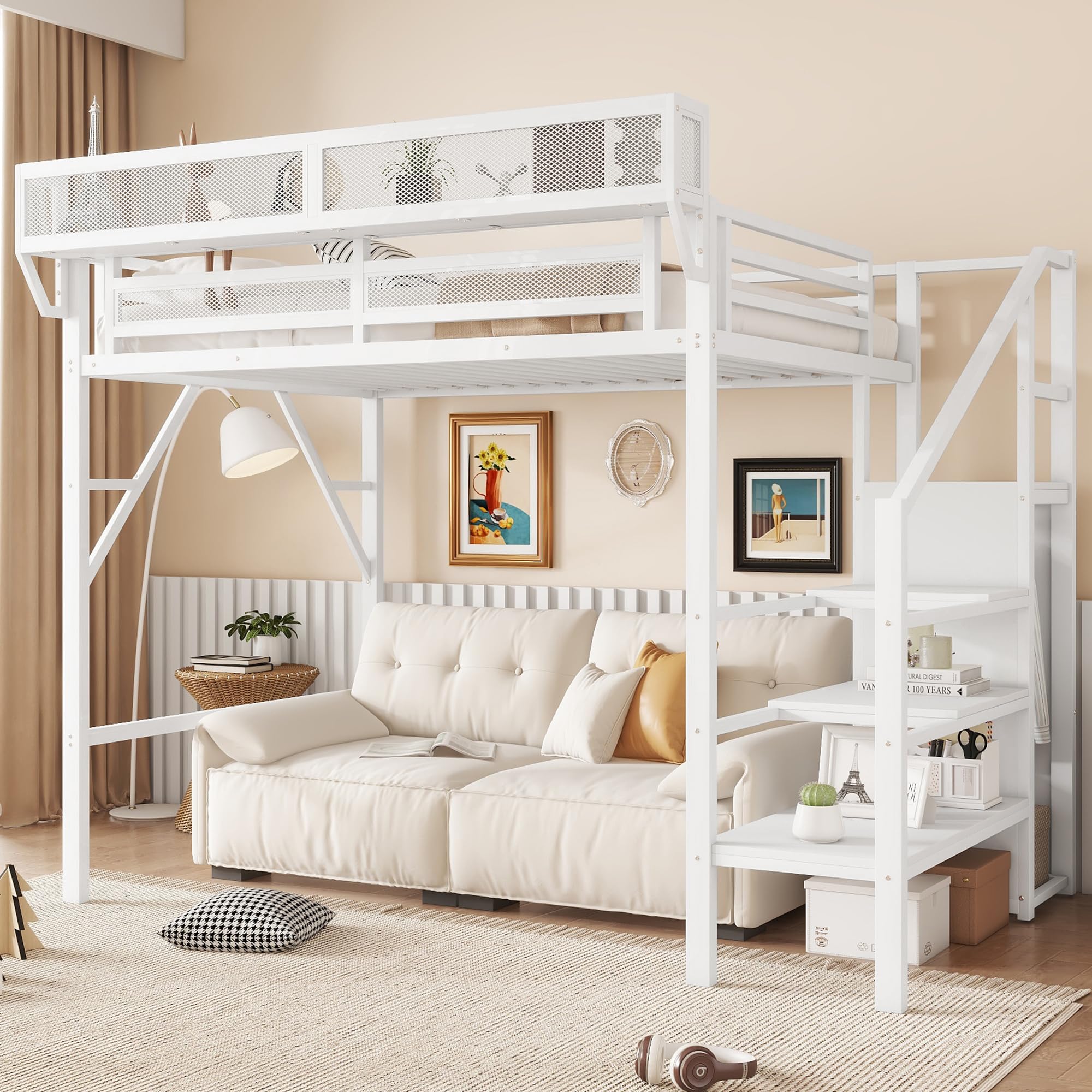 Photo 1 of **PARTS ONLY*  KEIKI Twin Size Metal Loft Bed Frame with Convertible Staircase, Built-in Storage Shelves & Wardrobe, Loft Bed with Solid Slats & Guardrail, No Box Spring Required, Easy Assembly, for Bedroom, White