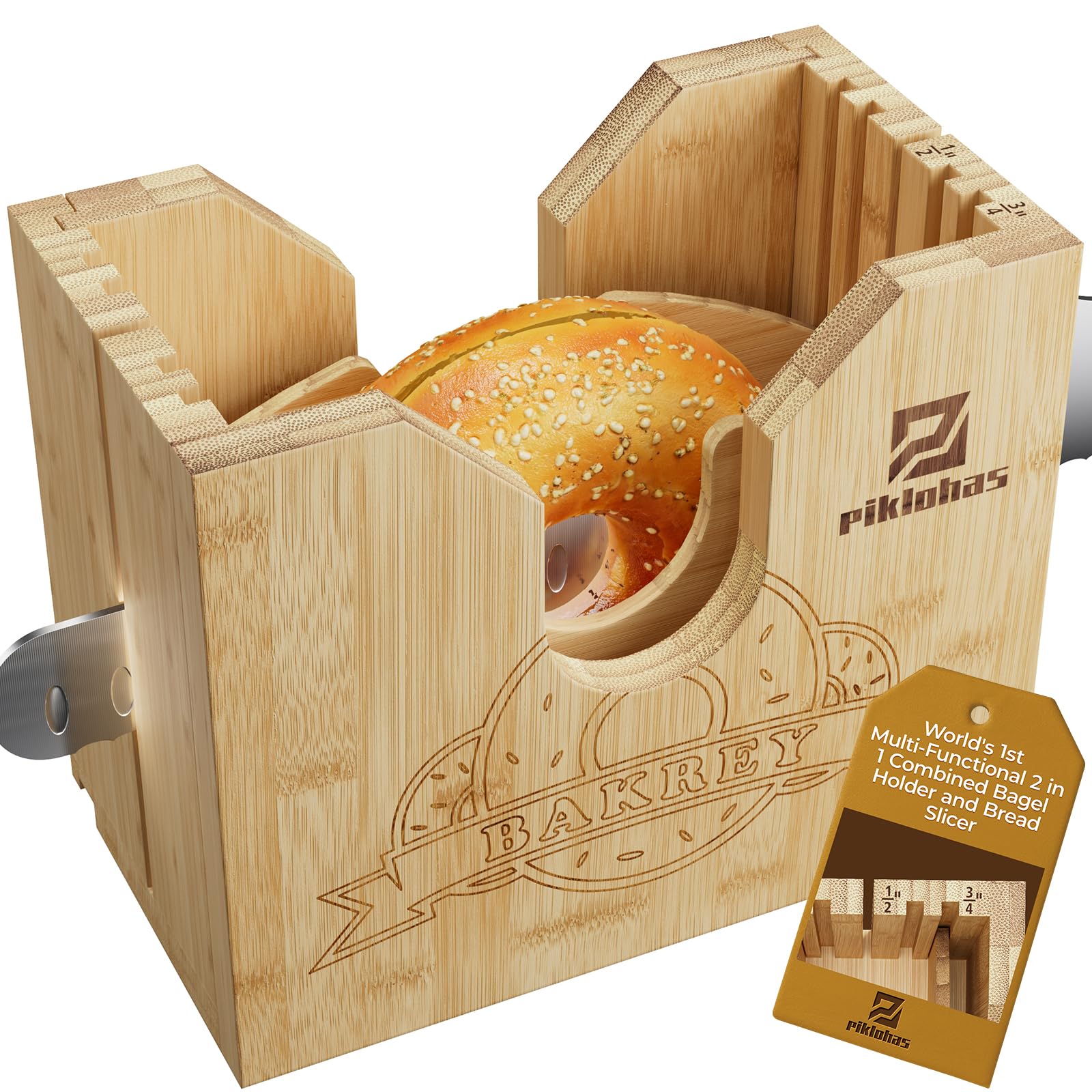 Photo 1 of Piklohas 2025 Upgrade Bagel Slicer, Bamboo Bagel Cutter for Small and Large Bagels, Bread Slicer for Buns, English Muffins, 2 Adjustable Thickness, Anti-slip Mat, Ideal for Gift (No Knife)