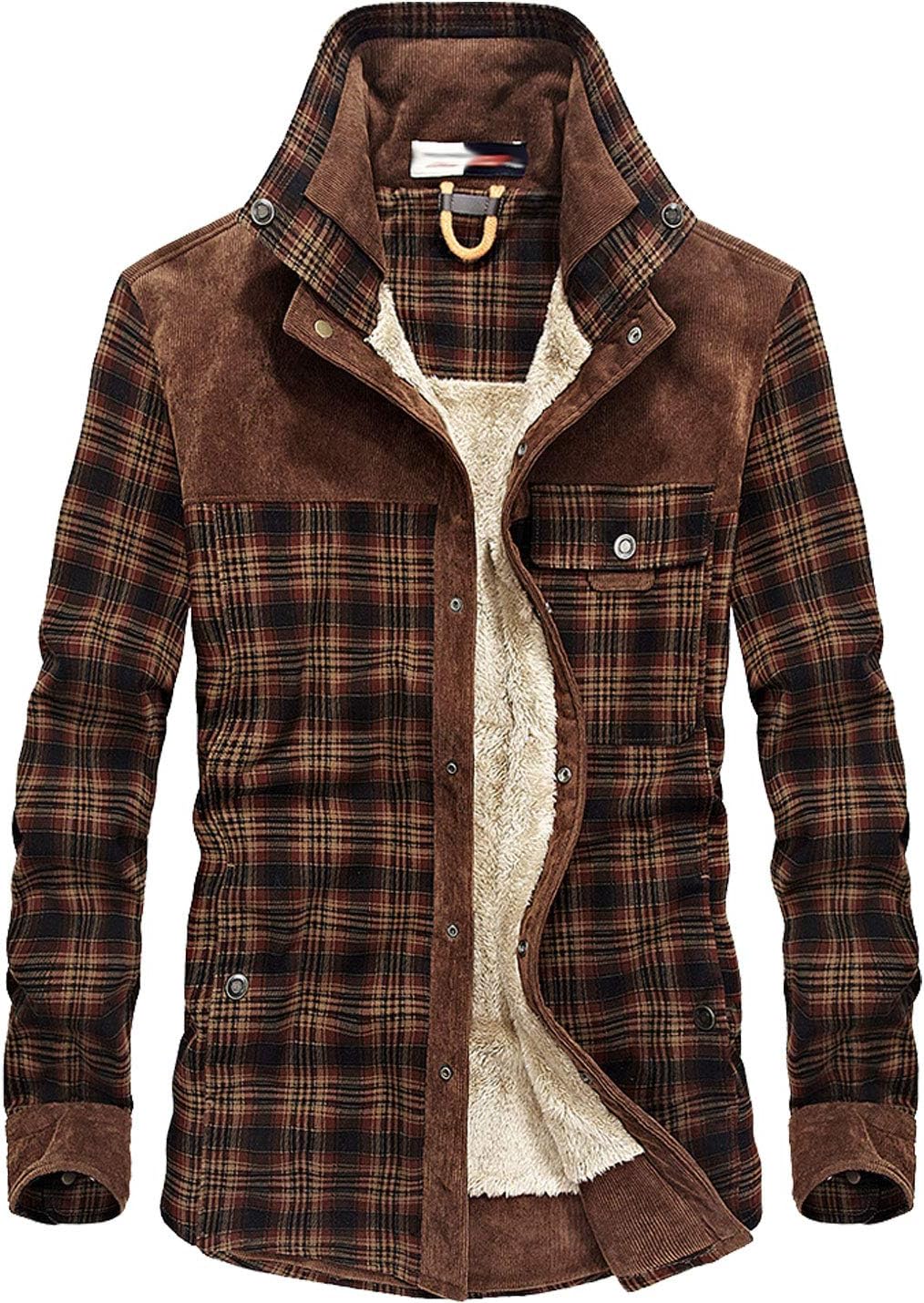 Flygo Men's Casual Long Sleeve Fleece Sherpa Lined Flannel Plaid Shirt