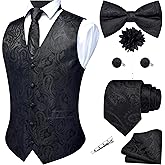 GUSLESON Men's V-Neck Suit Vests Formal Men Vest Paisley Jacquard Tie Waistcoat Bow tie Hanky Set Wedding 7PCS