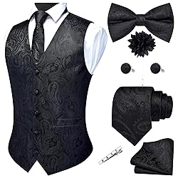 GUSLESON Black Mens Vest Tie and Bow Tie Set Formal