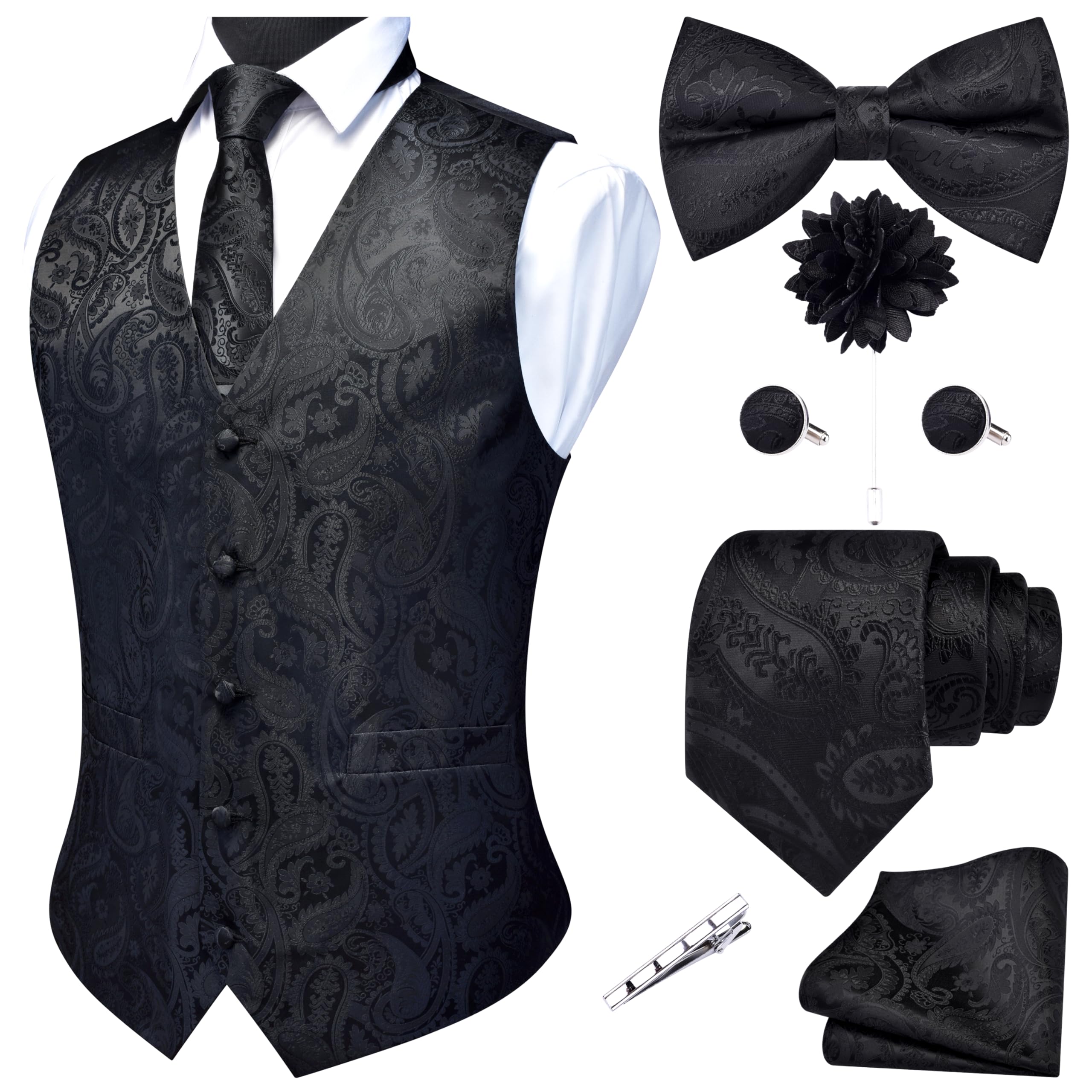 GUSLESON Black Mens Vest Tie and Bow Tie Set Formal