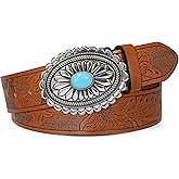 TRIWORKS Women's Western Leather Belt Vintage Medieval Turquoise Buckle Belt Ladies Cowgirl Concho Leather Belt