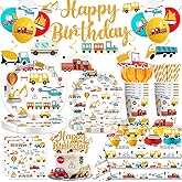 191Pcs Transportation Birthday Decorations Tableware Set Serves 25 Guests, Cars Birthday Decorations Include Banner, Plates, Tablecloth and Balloons, Truck Party Supplies for Boy