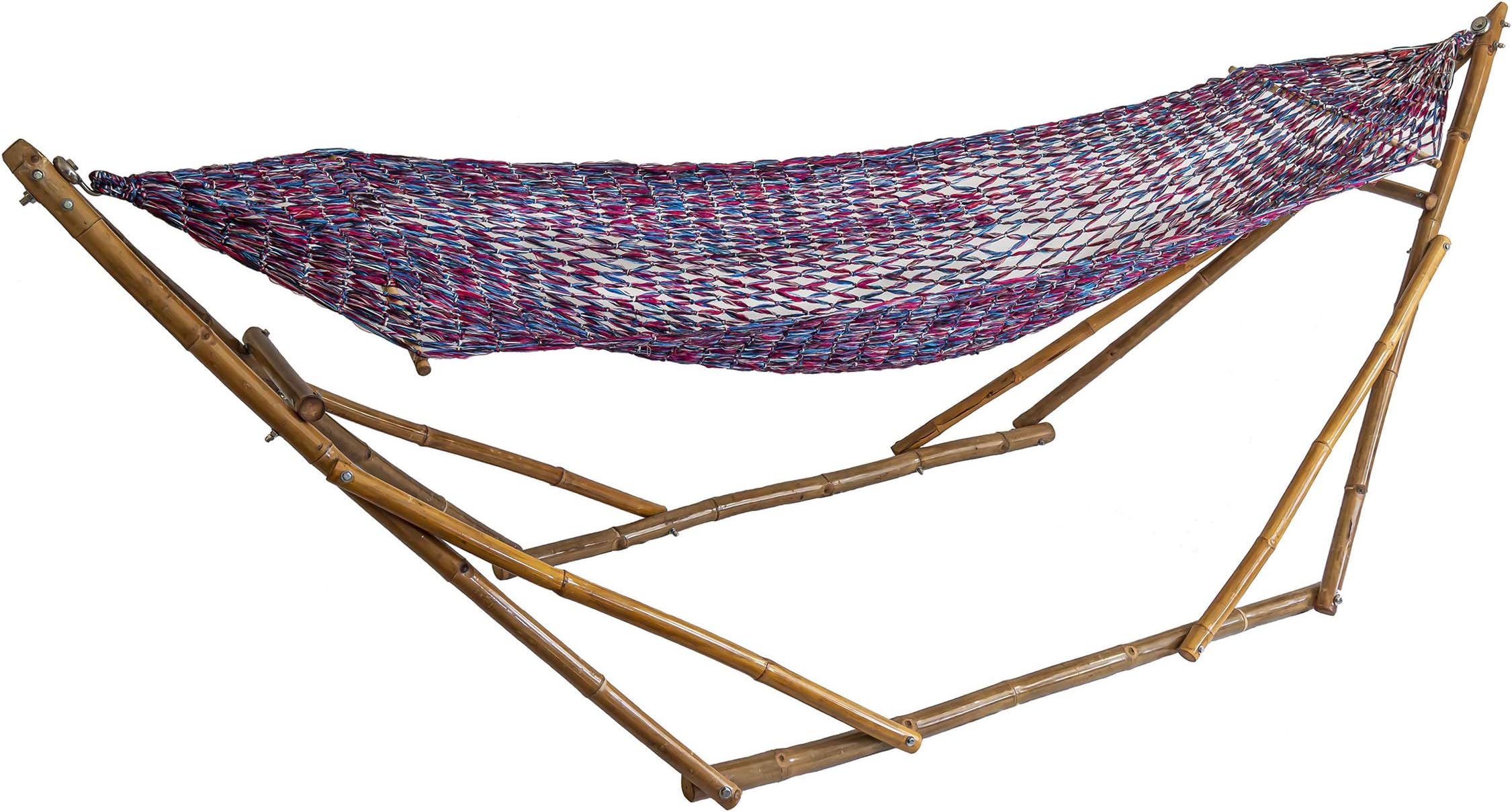 Bamboozations Bamboo Hammock Stand with Hammock New Models and Colors (Medium (9ft), Blue-Red)