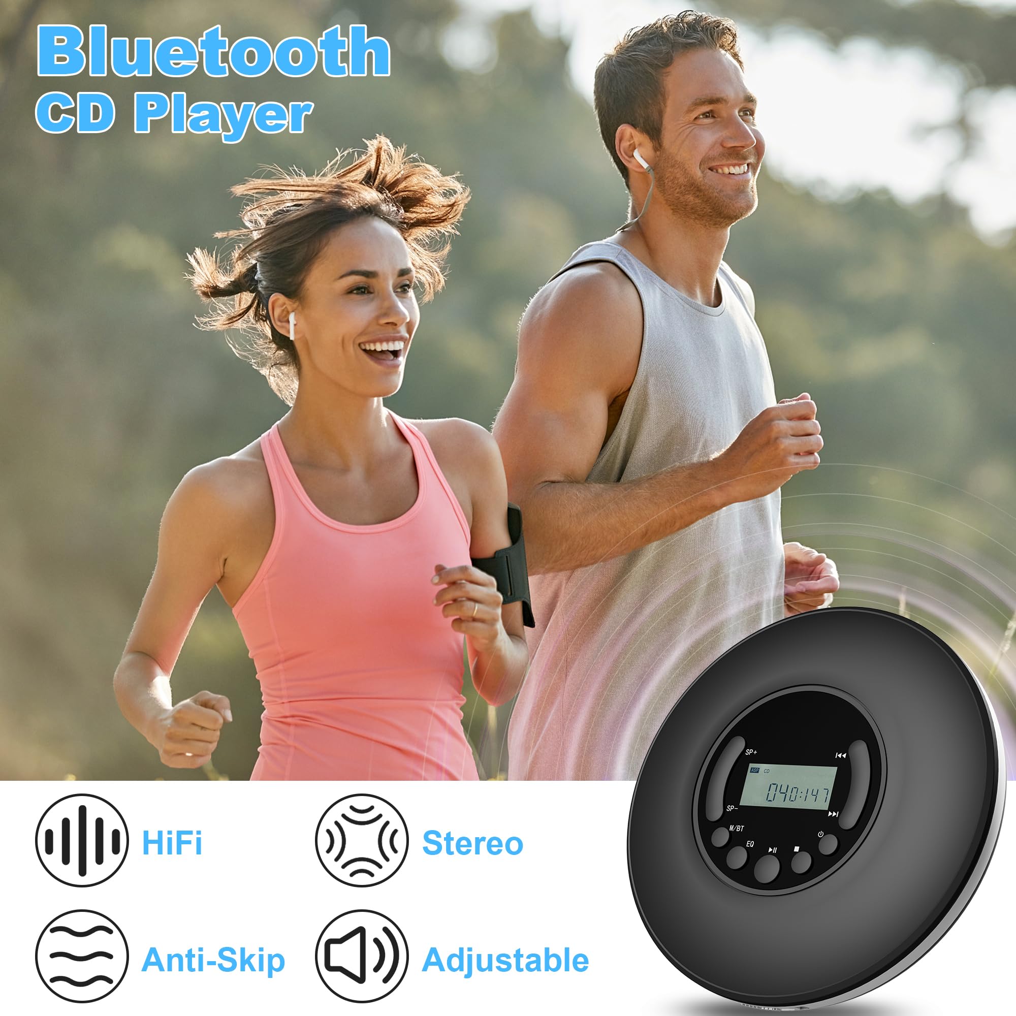 CD Player Portable, Discman with Stereo Earbuds and Bluetooth Output, Anti-Skip Shockproof Walkman, Compact and Lightweight, Power DC or 2xAA Battery