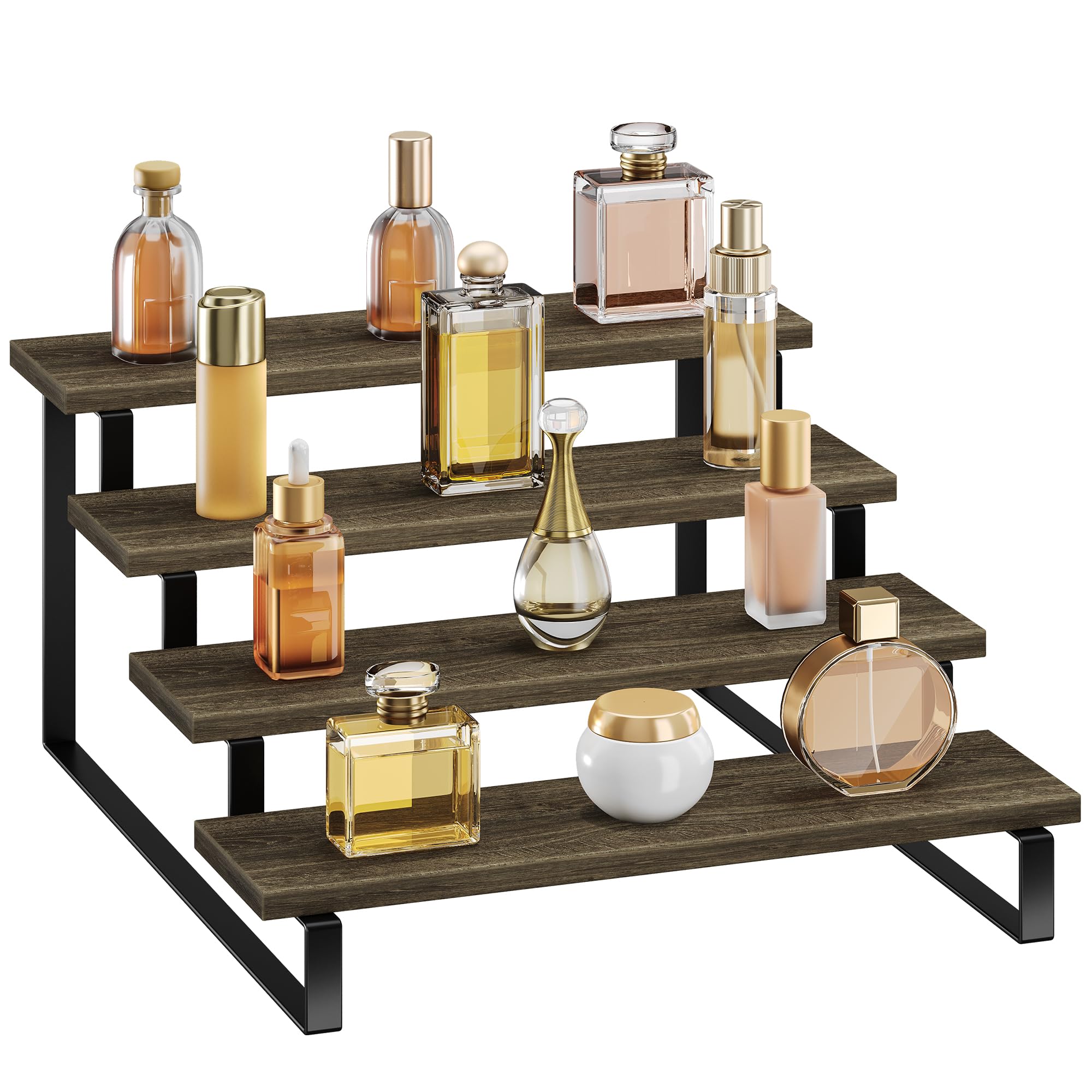 Photo 1 of FIGWINET Wooden Display Riser Stand 4 Tier Perfume Display Stand Perfume Organizer with Metal Stand for Dresser Display Shelf for Cologne Spice Rack Figruine Cupcake