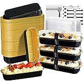 OBXMLFY 100 Pack Mini Cake Pans with Lids and Spoons, Mini Loaf Baking Pans 6.8oz, Small Disposable Aluminum Foil Loaf Pans, Rectangular Baking Container for Party and Picnics, Cheesecake Pan (Black)