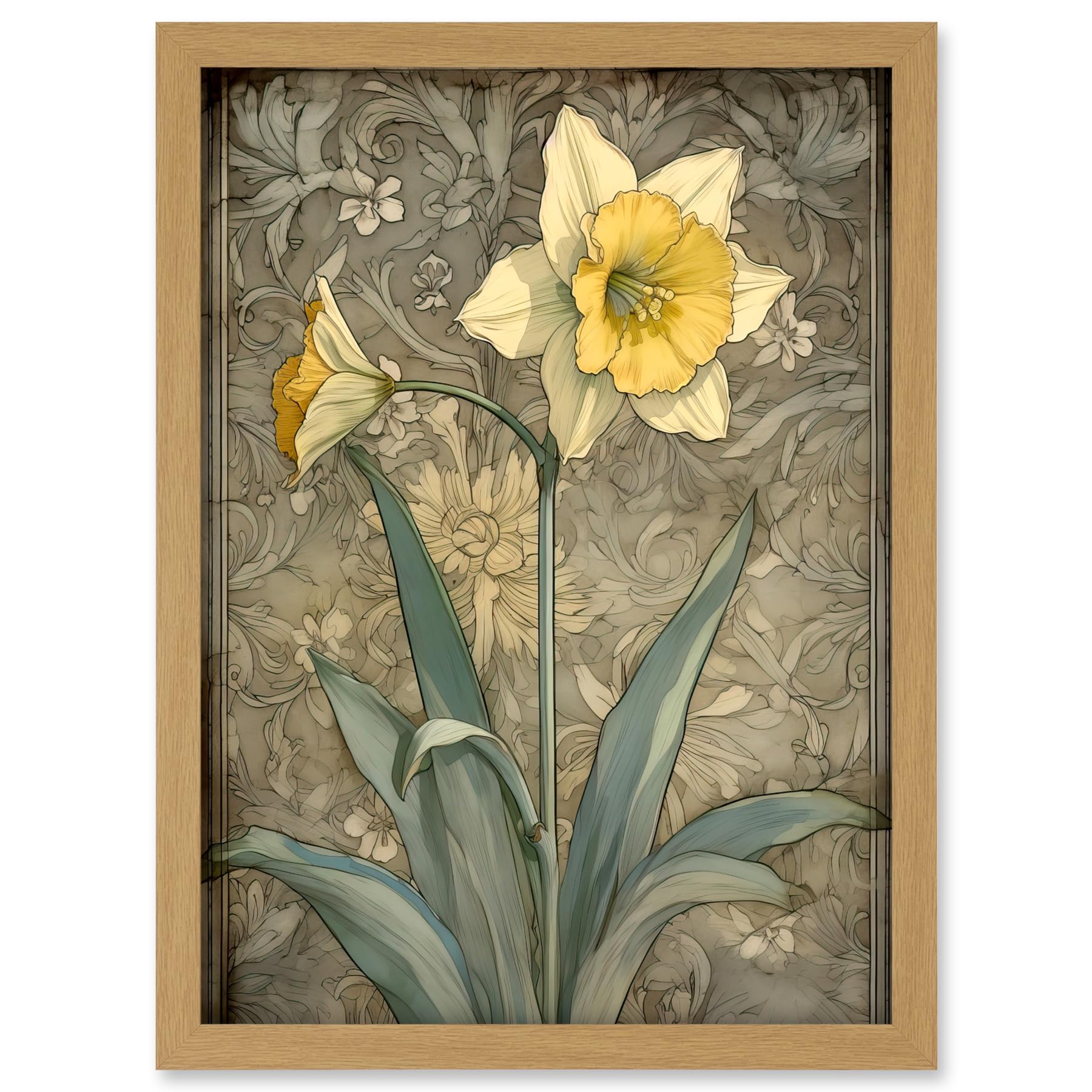 Artery8 Daffodil Flower Pastel Watercolour Art Nouveau Artwork Framed A3 Wall Art Print