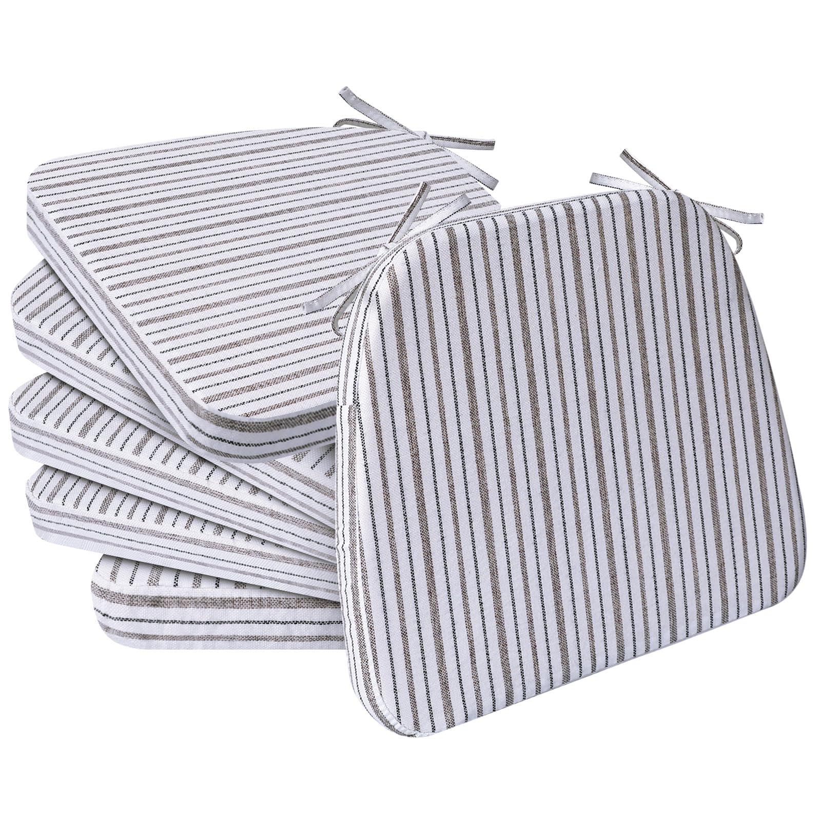 AAAAAcessories D-Shaped Chair Cushions, 2" Thick Dining Chair Pads with Ties and Removable, Machine-Washable Cover, 17" x 16", Set of 6, Pinstripe Brown Image