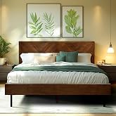 Acacia Alander Bed Frame with Headboard Bed Frame Queen Size Solid Wood Platform Bed, Scandinavian Signature High Headboard Wood Bed Compatible with All Mattress Types, 30 Mins Assembly, Walnut