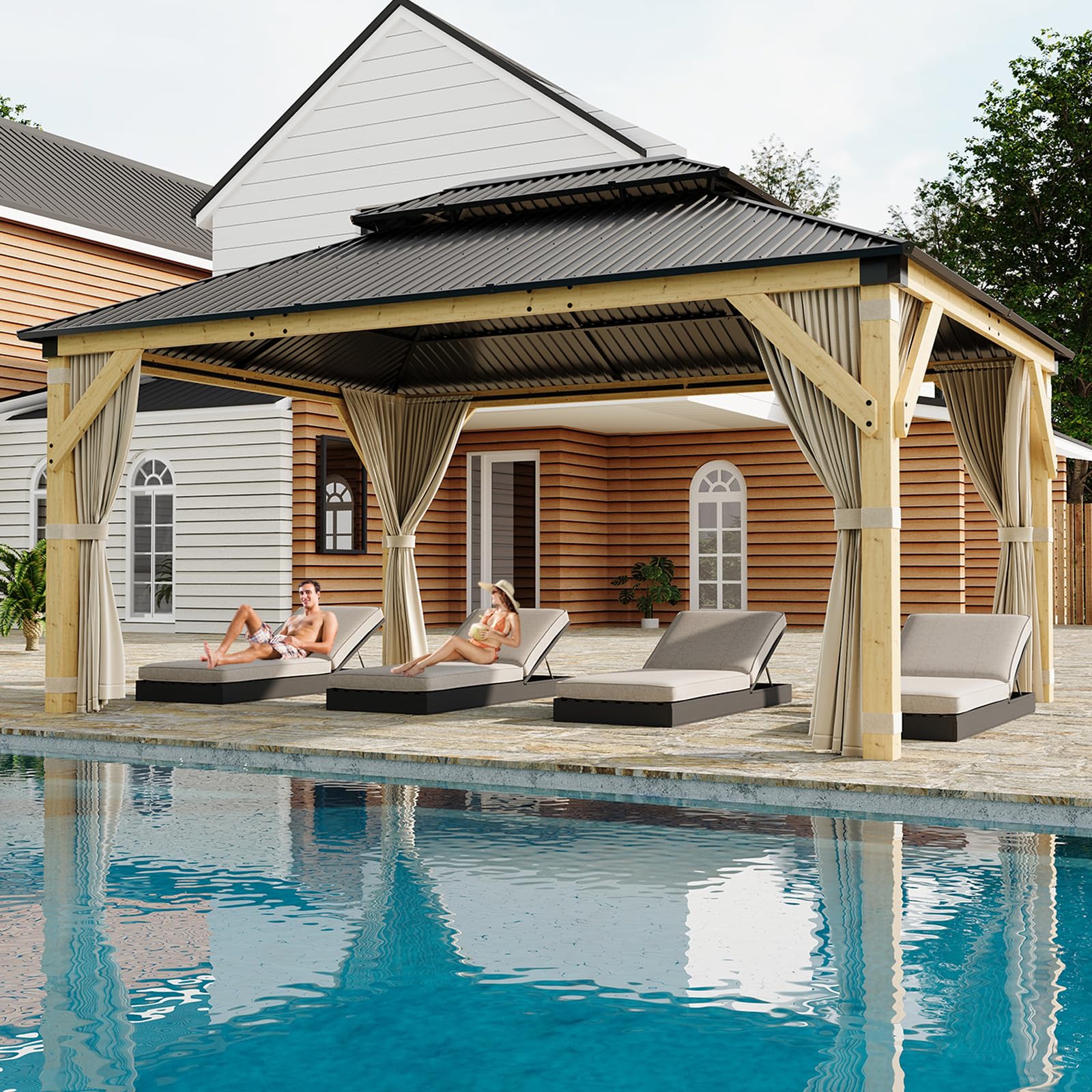 Photo 1 of BOX 1 OF 4 ONLY -  FOR PARTS ONLY - HarmonyHealth 12 x 16 Ft Wood Gazebo, Upgrade Wooden Frame, Double Galvanized Steel Roof, Hardtop Gazebo with Nettings and Curtains for Backyard, Patio, Garden and Lawn, Khaki