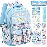 KIEAL 16.5/19IN School Backpack for Girls with 24Pcs Accessories, Anti-Theft Kids Backpack for Students, New Semester Presents with Pins and Card Holder