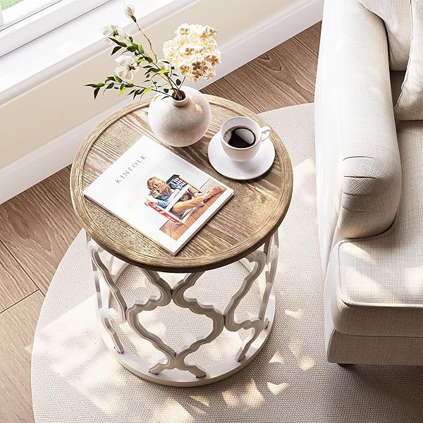 KARLOTT FARMHOUSE END TABLE, 18.5” FRENCH COUNTRY ROUND SIDE TABLE, DISTRESSED TRAY TOP SIDE TABLE WITH CURVED MOTIF FRAME BASE FOR BOHO, END TABLES LIVING ROOM, BEDROOM, SMALL SPACE, EASY ASSEMBLY